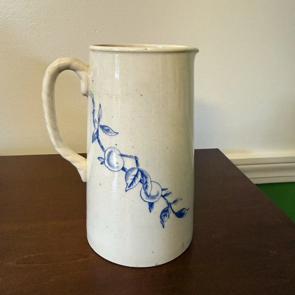 Antique Stoneware Pitcher Salt Glazed Nautical Floral Fruit Motif 6.75